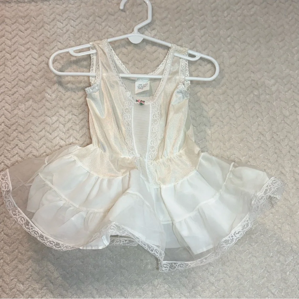 Vintage 70s Toddler Size 1 Ivory Lace Coquette Dollette Rosette Slip Dress